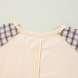 Beige Plaid Floral Patchwork Heart Long Sleeve Top