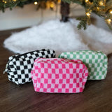 Black Checkered Knitted Zipper Makeup Bag