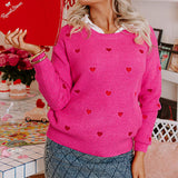 Rose Red Heart Pattern Drop Shoulder Round Neck Sweater