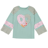 Beige Plaid Floral Patchwork Heart Long Sleeve Top