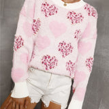 Pink Heart Leopard Print Pearled Ribbed Trim Fuzzy Sweater