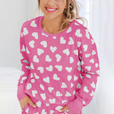 Pink Heart Print Long Sleeve Top and Shorts Loungewear Set