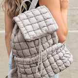 Black Solid Flapped Quilted Puffer Backpack