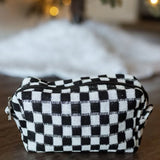 Black Checkered Knitted Zipper Makeup Bag