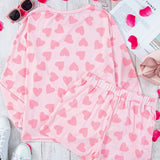 Pink Heart Print Long Sleeve Top and Shorts Loungewear Set