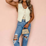 Beige Lace-up Front V Neck Sweater Vest